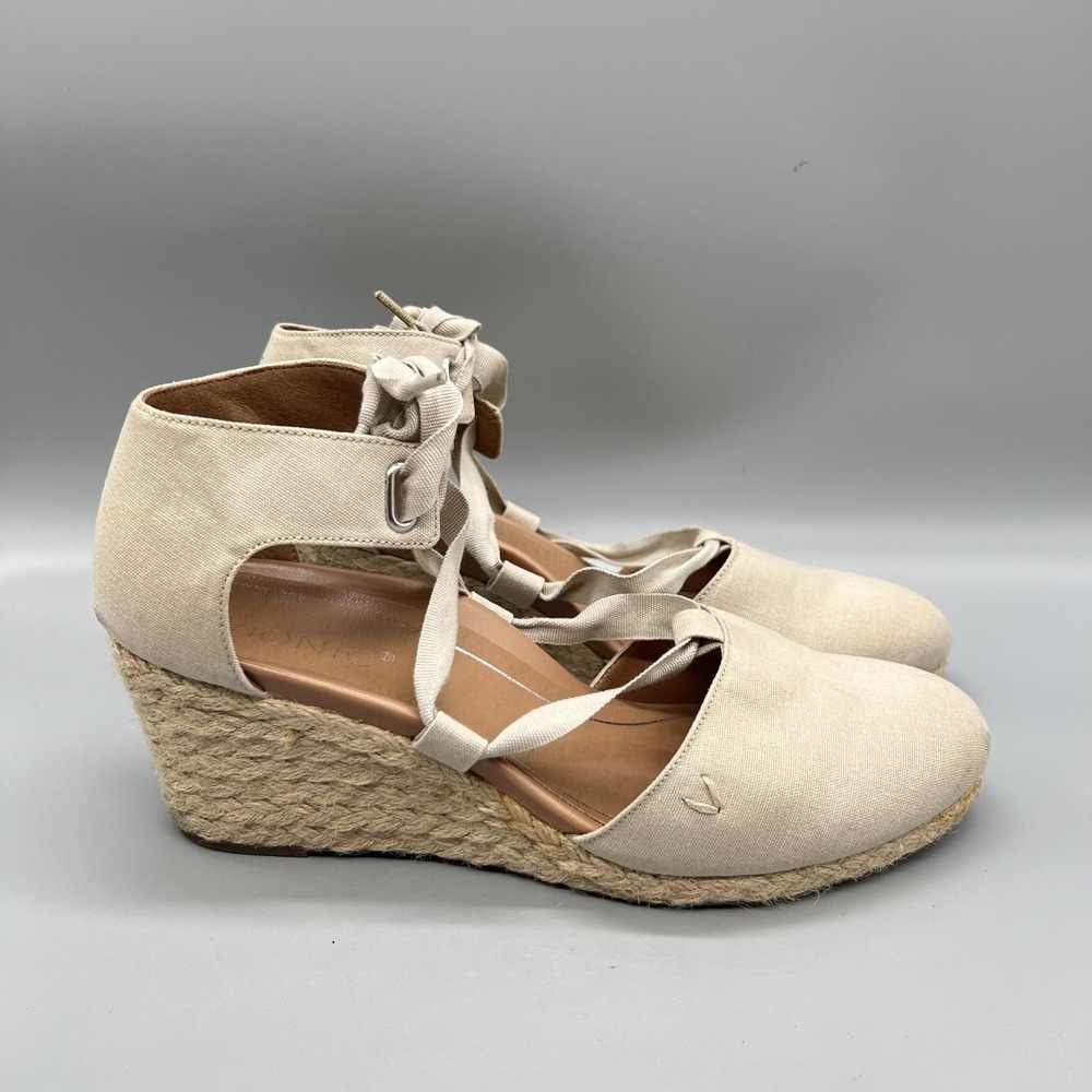 Vionic Sandals Womens 10 Beige Cotton Kaitlyn Espadrille Ankle Tie Wedge Shoes